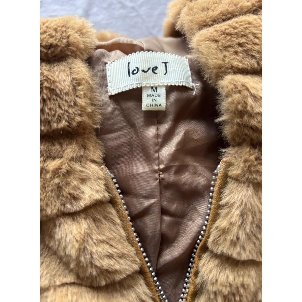 Love J Camel Brown Faux Fur Hooded Jacket Ribbed Tiered Zip Up Coat Women Medium - Picture 3 of 3